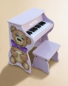 An adorable toddler piano sits on the ground and can easily be raised into an upright as a child grows. For ages 3 and up Teddy bear decoration on one side Makes chime-like piano sounds Songbook included with classic songs Keys spaced to teach proper finger placement Removable color-coordinated strip guides small fingers from chord to chord Hardwood/hardboard 17W X 10¾H X 10½D Imported