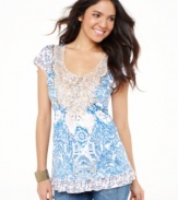 One World's floral tunic features a feminine lace yoke and a tiered hem. Studs give it just the right amount of edge!