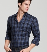 This boldly blue-hued BOSS Black plaid shirt boasts a vintage-inspired print in a classic fit with barrel cuffs and a crisp spread collar.