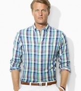 Rendered from brushed cotton twill for a soft, smooth hand, a trim-fitting sport shirt exudes preppy style in a bright plaid pattern.