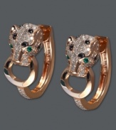 Signature by EFFY Collection's fierce earring style channels the wild with dramatic panthers in white diamond (3/4 ct. t.w.) with black diamond accents and emerald accents for eyes. Set in 14k rose gold. Approximate diameter: 1-1/5 inches.