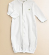 This soft cotton gown with embroidery can be converted to legs. Picot trim Front snaps Cotton; machine wash Imported