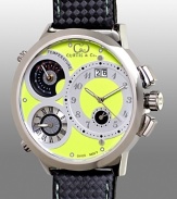 With a sophisticated lime green and polished stainless steel dial, featuring three time zones, a date display and a temperature gauge, this watch keeps you cool--and in the know.