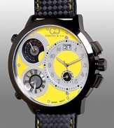 With a sophisticated yellow and black PVD dial, featuring three time zones, a date display and a temperature gauge, this watch keeps you cool--and in the know.