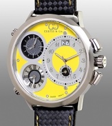 With a sophisticated yellow and polished stainless steel dial, featuring four time zones and a date display, this watch keeps you cool--and in the know.