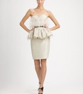 Dramatic and sculptural, rendered in a cotton/silk blend and accented with a feathered, ruffled peplum.Strapless sweetheart necklineLace trimAttached feathersSlender bow beltRuffled peplumBack ventConcealed back zipSilk liningAbout 23 from natural waist73% cotton/27% silkDry cleanMade in USA of imported fabricModel shown is 5'11 (180cm) wearing US size 4. 