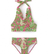 This Lilly Pulitzer bikini celebrates the sunshine with a frilly ruffle trimmed halter and stay-put bottoms in a classic Lilly print.