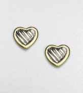 From the Heart Collection. Modern hearts, sculpted in cabled sterling silver, framed in 18k gold. Sterling silver and 18k yellow gold Length, about ½ Post back Imported