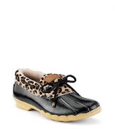 Classic rain shoes with a wild twist. Rubber shoes with leopard print haircalf cuffs and a contrast bow detail.