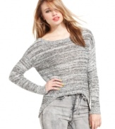 Material Girl's sweater is bold with a low scoop neckline at the back, a high-low hem and sequined shimmer throughout.