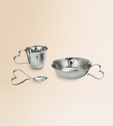 Finding inspiration from the imagery that floats around classic storytelling, this heirloom collection of hand-forged, hammered stainless steel is destined to remain in the family for generations to come. Set includes a cup, bowl and spoon and arrives in a black gift box. From the Heart CollectionBox, 10W X 6¼H X 3½DCup, 2½H X 3½ diam.Bowl, 4½H X 6 diam.Spoon, 4 longHand washImported