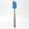 This colorful wooden and silicone spatula is large, comfortable, and made with a solid beech wood handle with natural finish. The silicone head is safe to 600 degrees Fahrenheit. The rounded edges are perfect for stirring, scraping bowls and tasting.