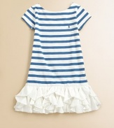 Sweet cascading ruffles adorn the hem of this striped frock for girly flair.BoatneckCap sleevesScoop backDrop-waistRuffled hemCottonMachine washImported