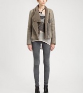 From understated to downtown-chic, this distressed leather jacket finishes the look with dyed shearling trim and a draped front. Dyed shearling collarFront zipper; snap closuresLong sleeves with zippered cuffsDyed shearling liningAbout 25 from shoulder to hemBody: LeatherTrim: Dyed shearlingDry cleanImportedFur origin: SpainModel shown is 5'9 (176cm) wearing US size Small.