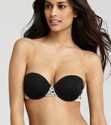 A pretty strapless bra with signature floral lace detail along center front and wings.