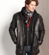 Be smooth. Finish off your cool-weather look with this sleek leather coat with attached bib from Marc New York.