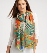 EXCLUSIVELY AT SAKS. An unique over-print design in a soft cashmere and silk blend. 55% cashmere/45% silkAbout 28 X 80Dry cleanImported 