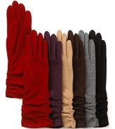 A glamourous pair of long knit gloves with side elastic ruching detail.