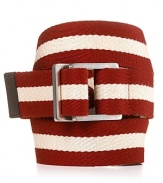 The double silver buckle gives this sporty stripe belt a sharp, modern edge.