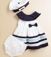 She'll turn heads and sink ships in this frilly, nautical-themed frock with matching bloomers and sailor hat.Round necklineSleevelessBack buttonsHigh-waisted with bowFull skirtStriped hemCottonMachine washImported Please note: Number of buttons may vary depending on size ordered. 