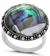 Inspire your look with ocean color. Genevieve & Grace's pretty ring features round-cut abalone glass and glittering marcasite. Set in sterling silver. Size 7 and 8.