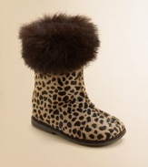 Keep her warm and stylish in these leopard print boots with a fuzzy rabbit fur collar and back zipper for easy on and easy off.Zipper closurePony hair upperLeather liningRubber solePadded insoleMade in Italy