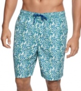 Catch the wave! Get hot summer style-points for popular prints with these comfortable swim trunks from Club Room.