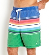 Faded glory. The subtle fade on these striped swim trunks from Nautica make them the perfect trunks to make summer memories in.