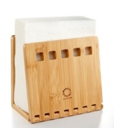 A perfect complement for your kitchen, this folding bamboo napkin holder holds up to 50 napkins at a time and has a raw, yet sophisticated, style that dresses up  the everyday essential.