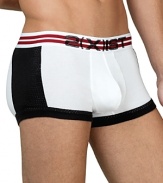 Classic trunks featuring a colorful striped elastic binding with contrasting waistband and 2(x)ist logo