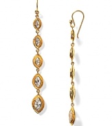 Five crystal drops give fashionable sway to Melinda Maria's linear earrings. Hammered gold settings with white cubic zirconia.