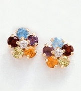 With a rainbow of color, these flower-shaped earrings feature glittering diamond centers (.85 ct. t.w.) surrounded by an assortment of semi-precious stones set in 14k gold. Includes amethysts, garnets, blue topaz, peridot and citrine.