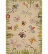 Critters atwitter! Beautify baby's room with this lively rug from Momeni's Lil Mo Classic collection. Ladybugs, dragonflies and other creatures populate this whimsical meadow scene bordered by fresh green blades of grass. The beige background is perfect for showing off the rug's delightful denizens. Hand-hooked of pure cotton, the rug features a cut-loop construction that gives the printed motifs a raised effect and tons of texture.