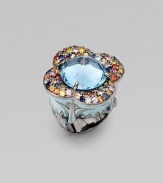 From the Floral Nouveau Collection. Pavé set multi-colored sapphire petals ring a center blue topaz, with baby blue enamel accents on the band.Blue topaz Sapphire Sterling silver Enamel Diameter, about 1½ Width, about 1½ Imported