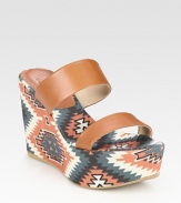 Rich leather slide with a trendy tribal-print linen footbed and wedge. Self-covered wedge, 4 (100mm)Covered platform, 1 (25mm)Compares to a 3 heel (75mm)Printed linen and leather upperLinen liningRubber solePadded insoleImportedOUR FIT MODEL RECOMMENDS ordering true size. 