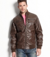 Get instant cool with this hot faux-leather bomber jacket from Buffalo David Bitton.