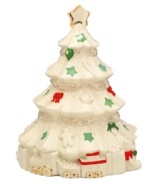 Have yourself a merry little Christmas tree. Ivory porcelain boughs pierced with green stars reveal a light that glows from within. Red bows, gingerbread men and gold trimmings add to the graceful Lenox collectible.