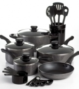 Basically, you're all set! Cover all your bases in the kitchen with a comprehensive set of the basic must-haves that chefs and first time cooks, alike, will adore. The enameled aluminum collection features incredible nonstick interiors that promote reduced-fat and quicker cooking. Limited lifetime warranty.