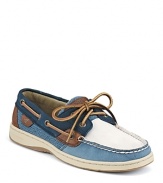 Classic women's stain and water resistant leather boat shoes with mesh insets on sides. Wear them with khakis for a classic look or make them edgy with cuffed boyfriend jeans. Even better, carry it into Spring with your favorite pair of cutoff shorts. A versatile shoe for any season.