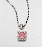 From the Petite Albion Collection. Brilliant diamonds surround a pink chalcedony cabochon set in sterling silver on a box link chain. Pink chalcedonyDiamonds, .2 tcwSterling silverLength, about 17Pendant size, about .25Lobster clasp closureImported 