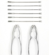 Enjoy your next seafood feast with this stainless steel seafood tool set from Amco. Perfect for lobster or crab legs, the set includes two seafood crackers that quickly break the hard outer shell without the mess of hammers, and six long seafood forks to easily retrieve the delicious meat inside.