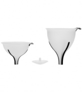 Reign over pouring. This nesting set equips your kitchen to funnel all types of liquids with ease and without spills. Including two funnels with ribbed necks that fit in all sized openings, this set also has a versatile strainer that fits into both funnels, so whisking hot liquids away from food is simple.