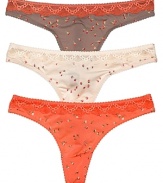 A pretty floral print thong with delicate floral lace trim and scalloped edge trim.