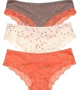 A pretty floral print hipster with delicate floral lace trim and scalloped edge trim.