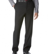 A sleek counterpoint to any dressed-up look, these flat front Calvin Klein pants make a great choice for a modern guy.