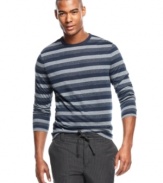 Fight the summer sizzle with this lightweight linen striped shirt from Perry Ellis.