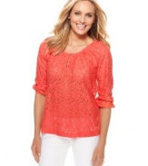 Vibrant lace layers perfectly over a cami and chic trousers. Get the look with this Charter Club top!