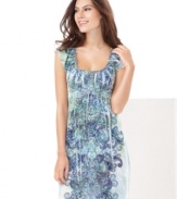 Fun prints on a roomy cut. One World's smocked scoopneck chemise is pretty and comfy.