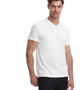 V-neck tee with ribbed knit detail on side seams extending through under sleeves. Boss Black logo on side.