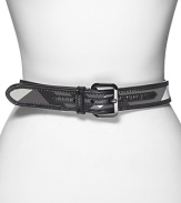 Burberry goes modern with this chic, beat check print belt, trimmed in patent leather.